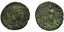ADRIANO. As. Roma (125-128). R/ Salus a izq. con pátera y cetro alimentando serpiente enrollada en altar; SALVS AVGVSTI SC, exergo COS III. AE 10,98 g. 26,8 mm. RIC-678 vte. Concreciones. BC+/MBC-. Venta privada en La Lonja del Almidón. Conserva sobre original.