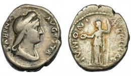 SABINA. Denario. Roma (128-136). R/ Juno a izq. con pátera y cetro. IVNONI REGINAE. AR 3,32 g. 17,2 mm. RIC-395a. MC-/BC+.