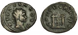 CLAUDIO II. Antoniniano. Mediolanum (268-269). R/ Altar; CONSECRATIO. Ve 3,38 g. 22,6 mm. RIC-261. Pequeñas erosiones. MBC-.
