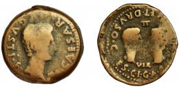 ACCI. Dupondio. Tiberio. A/ Cabeza a der.; TI CAESAR AVGVSTI F. R/ Cabezas afrontadas de Germánico y Druso, en campo II/VIR C I G A (GERMANICO) ET DRVSO CAES. 25,28 g. 34,8 mm. I-37. RPC-137. APRH-137. ACIP-3005. BC-. Muy rara. 
