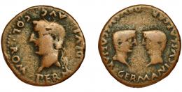 COLONIA ROMULA. As. Tiberio. A/ Cabeza laureada a izq.; PERM DIVI AVG COL ROM. R/ Cabezas afrontadas de Germánico y Druso; GERMANICVS CAESAR DRVSVS CAESAR. AE 10,7 g. 27,8 m. I-2016. RPC-74. APRH-74. ACIP-3361. BC/BC+.