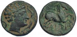 SETEISKEN. Mitad. A/ Cabeza masculina a der., delante dos delfines, detrás creciente. R/ Caballo galopando a der. con rienda suelta, debajo sobre línea SETeISKeN. AE 6,62 g. 22 mm. CNH-6. I-2216. ACIP-1460. Fuerte raya en rev. Pátina verde. MBC. Rara.