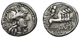 30  -  ANTESTIA. Denario. Roma (136 a.C.). A/ Cabeza de Roma a der.; detrás GRAG. AR 3,72 g. 18,8 mm. CRAW-238.1. FFC-151. MBC-.