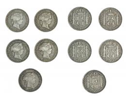340  -  ISABEL II. Lote 5 monedas 5 centavos de peso. Manila. 1868. Calidad media. MBC.