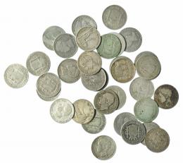 365  -  ALFONSO XIII. Lote 35 monedas: 1 peseta (34), 4 reales de Isabel II (1). BC/MBC.