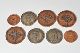 FRANCISCO FRANCO. Lote 8 medallas conmemorativas de eventos filatélicos y numismáticos. Varios metales. De MBC a SC.
