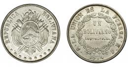 398  -  BOLIVIA. 1 boliviano. 1874, FE. KM-160.1. MBC+.