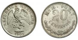 407  -  MÉXICO. 20 centavos. 1905. MO M. KM-405.2. Pequeñas marcas. EBC+.