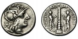 MINUCIA. Denario. Roma (103 a.C.). R/ Columna flanqueada por dos togados; TI MINVCI C. F. AVGVRINI, RO-MA. Ar 3,92 g. 17,9 mm. CRAW-243.1. FFC-925. MBC-/MBC.