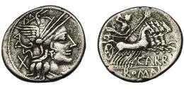 PAPIRIA. Denario. Roma (122 a.C.). R/ Ley. CARB y ROMA en cartela. AR 3,80 g. 20,8 mm. CRAW-279.1. FFC-958. MBC/MBC-.