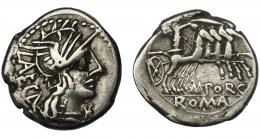 PORCIA. Denario. Roma (125 a.C.). R/ Ley. M. PORC. Ar 3,79 g. 18,7 mm. CRAW-270.1. FFC-1051. MBC-.