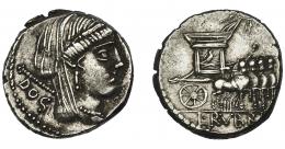 64  -  RUBRIA. Denario. Roma (87 a.C.). A/ Cabeza de Juno, detrás DOS. AR 3,87 g. 17,4 mm. CRAW-348.2. FFC-1192. MBC+.