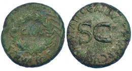 AUGUSTO. Sestercio. Roma (16 a.C.). A/ OB, debajo SERVATOS, en el centro láurea rodeando CIVIS, a los lados palmas. R/ SC, alrededor C GALLIVS C F LVPERCVS III VIR AAA FF. AE 23,02 g. 34 mm. RIC-377. Pátina verde. BC+.