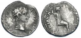 76  -  TIBERIO. Denario. Lugdunum (36-37). R/ Livia entronizada a der., patas lisas y trono sobre dos líneas. AR 3,47 g. 20 mm. RIC-25. Rotura al borde. BC+.