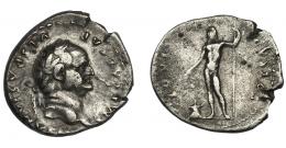 VESPASIANO. Denario. Roma (76 a.C.). R/ Júpiter a izq. con cetro y pátera delante de altar; IOVIS CVSTOS. AR 3,17 g. 19 mm. RIC-849. MBC-/BC+.