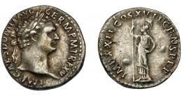 94  -  DOMICIANO. Denario. Roma (90-91 d.C.). R/ Minerva a izq. con haz de rayos y lanza; IMP XXII COS XVII CENS P P P. AR 3,3 g. 18 mm. RIC-192. MBC/MBC-.