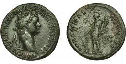 DOMICIANO. As. Roma (87 d.C.). R/ Fortuna a izq. con cornucopia y timón; FORTVNAE AVGVSTI, SC. AE 7,5 g. 27,6 mm. RIC-353b. Pátina verde oscura con pequeñas erosiones en rev. MBC/MBC-.