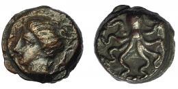 GRECIA ANTIGUA. SICILIA. Siracusa. Tetras (425-410 a.C.). A/ Cabeza de Aretusa a izq., detrás delfín. R/ Pulpo. AE 13 mm. 3,17 g. 13,3 mm. COP-677 vte. SBG-no. MBC.