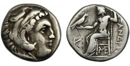 GRECIA ANTIGUA. MACEDONIA. A nombre de Alejandro III. Dracma. Lámpsaco (310-301 a.C.). R/ Delante KI y debajo del trono monograma. PRC-1406. AR 4,0 g. 16,5 mm. MBC-/BC+.