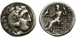 GRECIA ANTIGUA. MACEDONIA. A nombre de Alejandro III. Dracma. Colofón (310-301 a.C.). R/ Delante creciente y debajo del trono letra Pi. PRC-1813. AR 4,2 g. 16 mm. MBC-/BC+.