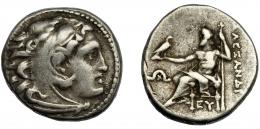 GRECIA ANTIGUA. MACEDONIA. A nombre de Alejandro III. Dracma. Mylasa (310-301 a.C.). R/ Delante monnograma omega y x y debajo del trono EY. PRC-2479. AR 4,2 g. 16,3 mm. MBC-/BC+.