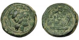 2148  -  REPÚBLICA ROMANA. Acuñaciones anónimas. Triens. Roma (22-108 a.C.). A/ Cabeza de Minerva a der., encima valor. R/ Proa a der., encima Victoria y ROMA, debajo valor. AE 15,97 g. 26,4 mm. CRAW-61.4. Pátina verde. MBC-/BC+.
