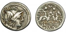 2151  -  REPÚBLICA ROMANA. Acuñaciones anónimas. Denario. Roma (208-206 a.C.). R/ Los Dióscuros a der., encima estrella y creciente; en exergo ROMA en cartela. AR 3,95 g. 18,8 mm. CRAW-57.2. FFC-29. BC+/MBC-.
