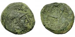 2155  -  REPÚBLICA ROMANA. ANTESTIA. Triens. Roma (146 a.C.). A/ Cabeza de Minerva a der. R/ Proa de nave a der., encima C. ANTESTI. AE 7,59 g. 22,5 mm. CRAW-219.4. Pátina verde. BC+. Muy rara.