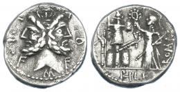 REPÚBLICA ROMANA. FURIA. Denario. Roma (119 a.C.). A/ Cabeza de Jano; M FOVRI L F. AR 3,63 g. 18,6 mm. CRAW-281.1. FFC-730. Leves concreciones. MBC.