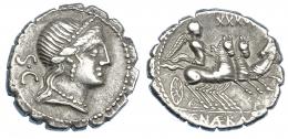 2170  -  REPÚBLICA ROMANA. NAEVIA. Denario. Roma (79 a.C.). R/ Número XXXVI encima de la triga. AR 3,68 g. 18,1 mm. CRAW-382.1b. FFC-937. MBC.