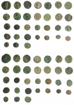 2189  -  IMPERIO ROMANO. Lote de 31 monedas de bronce, la mayoría follis de módulo mediano y pequeño. De RC a MBC.