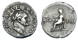 IMPERIO ROMANO. VESPASIANO. Denario. Roma (71 d.C.). R/ Vesta sentada a izq. con símpulo; TRI POT. AR 3,26 g. 19 mm. RIC-46. MBC/BC+.