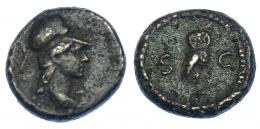 IMPERIO ROMANO. Periodo de Domiciano a Antonino Pío. Cuadrante. Roma (81-161). A/ Busto de Minerva con casco a der. R/ Búho a der. SC. AE 2,87 g. 13,4 mm. RIC-7. Pátina oscura rugosa. MBC-.