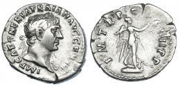 IMPERIO ROMANO. TRAJANO. Denario. Roma (101-102). R/ Victoria sobre proa a der.; P M TR P COS IIII P P. AR 2,91 g. 20 mm. RIC-59. Cospel abierto. MBC-.