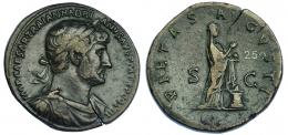 IMPERIO ROMANO. ADRIANO. Sestercio. Roma (119-121). A/ Busto laureado, drapeado y con coraza a der.; IMP CAESAR TRAIAN HADRIANVS AVG P M TR P COS III. R/ Pietas a der. con vaso de incienso, a sus pies altar encendido; PIETAS AVGVSTI, SC. AE 24,88 g. 24,86 mm. RIC-445. Grieta. Pátina verde. MBC/MBC-.