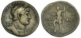 IMPERIO ROMANO. ADRIANO. Sestercio. Roma (121-122). A/ Busto laureado y con coraza a der.; IMP CAESAR TRAIAN HADRIANVS AVG. R/ Virtus a izq. Con lanza, parazonium y pisando casco; VIRT-AVG/ S C; P M TR P COS III. AE 28,41 g. 32,7 mm. RIC-652. MBC/MBC-. 