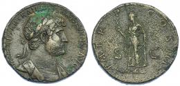 IMPERIO ROMANO. ADRIANO. Sestercio. Roma (122-125). A/ Busto a der. laureado, con coraza y drapeado sobre el hombro izq.; IMP CAESAR TRAIAN HADRIANVS AVG. R/ Spes a izq. con flor y sujetándose el vestido; P M TR P COS III, SC. AE 26,9 g. 33,7 mm. RIC-680. Oxidación en anv. Porosidades. MBC.