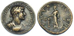 IMPERIO ROMANO. ADRIANO. Sestercio. Reproducción del s. XVII. A/ Busto laureado, drapeado y con coraza a der. R/ Minerva ofrendando incienso sobre quema-perfumes, a sus pies escudo con serpiente; P M TR P COS III, SC. AE 27,53 g. 34,5 mm. Basada en el modelo de acuñación de G. Cavino. MBC.