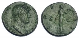 IMPERIO ROMANO. ADRIANO. As. Roma (125-128). A/ Busto laureado a der. con manto sobre el hombro izq.; HADRIANVS AVGVSTVS. R/ Fides a izq. con espigas y cesta de frutas; COS III, S-C. AE 10,77 g. 25,4 mm. RIC-668. Porosidades. Pátina verde. MBC. Ex col. Cerdá (1919). Conserva tejuelo antiguo.