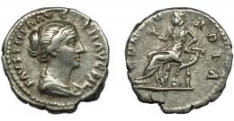 IMPERIO ROMANO. FAUSTINA LA MENOR. Denario. Roma (160-161). R/ Concordia sentada a izq. con flor y apoyada en cornucopia; CONCORDIA. AR 3,31 g. 18,4 mm. RIC-502 a. MBC.
