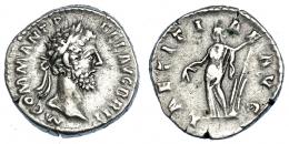IMPERIO ROMANO. CÓMODO. Denario. Roma (189). R/ Laetitia a izq. con espigas y timón sobre globo; LAETITIAE AVG. AR 3,49 g. RIC-201. MBC/MBC-.
