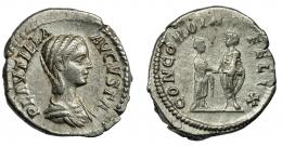 IMPERIO ROMANO. PLAUTILA (esposa de Caracalla). Denario. Roma (202-205). R/ Caracalla dando la mano a Plautila; CONCORDIA FELIX. AR 3,47 g. 18,9 mm. MBC+/MBC-.
