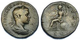 IMPERIO ROMANO. HELIOGÁBALO. Sestercio. Roma (219). R/ roma sentada a izq. con Victoria y lanza; (PONTIF MAX) TR P , SC. AE 20,50 g. 29,1 mm. RIC-284. BC+. Escasa.