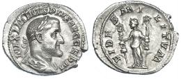 IMPERIO ROMANO. MAXIMINO I. Denario. Roma (236-237). R/ Fides con dos estandartes; FIDES MILITVM. AR 2,35 g. 20,1 mm. RIC-18a. MBC+/MBC.