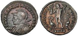 IMPERIO ROMANO. LICINIO II. Follis. Antioquía (321-323). R/ IOVI CONSERVATORI, marca XII gamma, exergo SMANTB. AE 3,18 g. 19,1 mm. RIC-36. Porosidades. MBC.