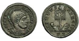 2319  -  IMPERIO ROMANO. CONSTANTINO I. Follis. Ticinum (319-320). R/ Estandarte con ley. VOT/XX, exergo PT. AE 2,95. 19,3 mm. RIC-114. EBC-.
