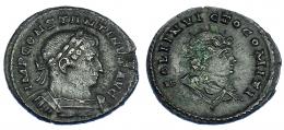 IMPERIO ROMANO. CONSTANTINO I. Follis. Treveris (310-313). R/ Busto radiado y drapeado del Sol a der.; SOLI INVICTO COMITI. AE 4,34 g. 23,6 mm. RIC-890. Finas grietas. Concreción en rev. MBC.