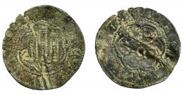 REINO DE CASTILLA Y LEÓN. ENRIQUE III. Blanca. Sevilla? con resello de tres puntos en triángulo detrás de la cola del león. VE 1,49 g. 24,3 mm. III-602. BMM-767. Alabeada. BC+.