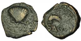 2085  -  HISPANIA ANTIGUA. ARSE-SAGUNTUM. Cuadrante. A/ Venera con adornos. R/ Delfín a izq., debajo SAGVNT. AE 3,7 g. 17,8 mm. I-2089. ACIP-2010. BC/BC+. Rara.