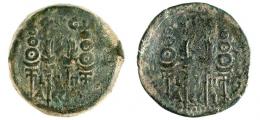 ACCI. As. Tiberio. A/ y R/ Dos aquilae entre dos signa; (C I G)/ L-I-II/ ACCI-I. Híbrido de dos reversos. AE 16,88 g. 32 mm. RPC-139 vte. APRH-139 vte. ACIP-3007 vte. CC-4342, mismo ejemplar. Pátina verde oscuro. BC+. Muy rara. Ex Áureo 22/10/1997.